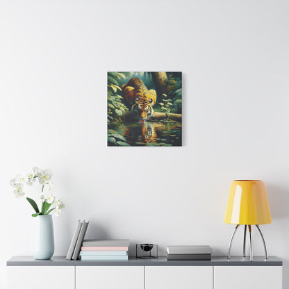 Tiger at Pond Impressionist Canvas Art Print