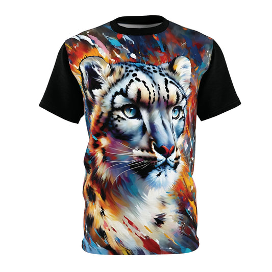 Colorful Snow Leopard Vibrant Art Tee | Colorful Unisex Cut & Sew T-Shirt, Wildlife Apparel, Unique Graphic Tee, Birthday Gift