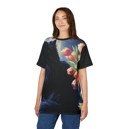 The Artist's Black Cat with Pink Tulips Vibrant Art Tee | Colorful Unisex Cut & Sew T-Shirt, Wildlife Apparel, Unique Graphic Tee, Birthday Gift