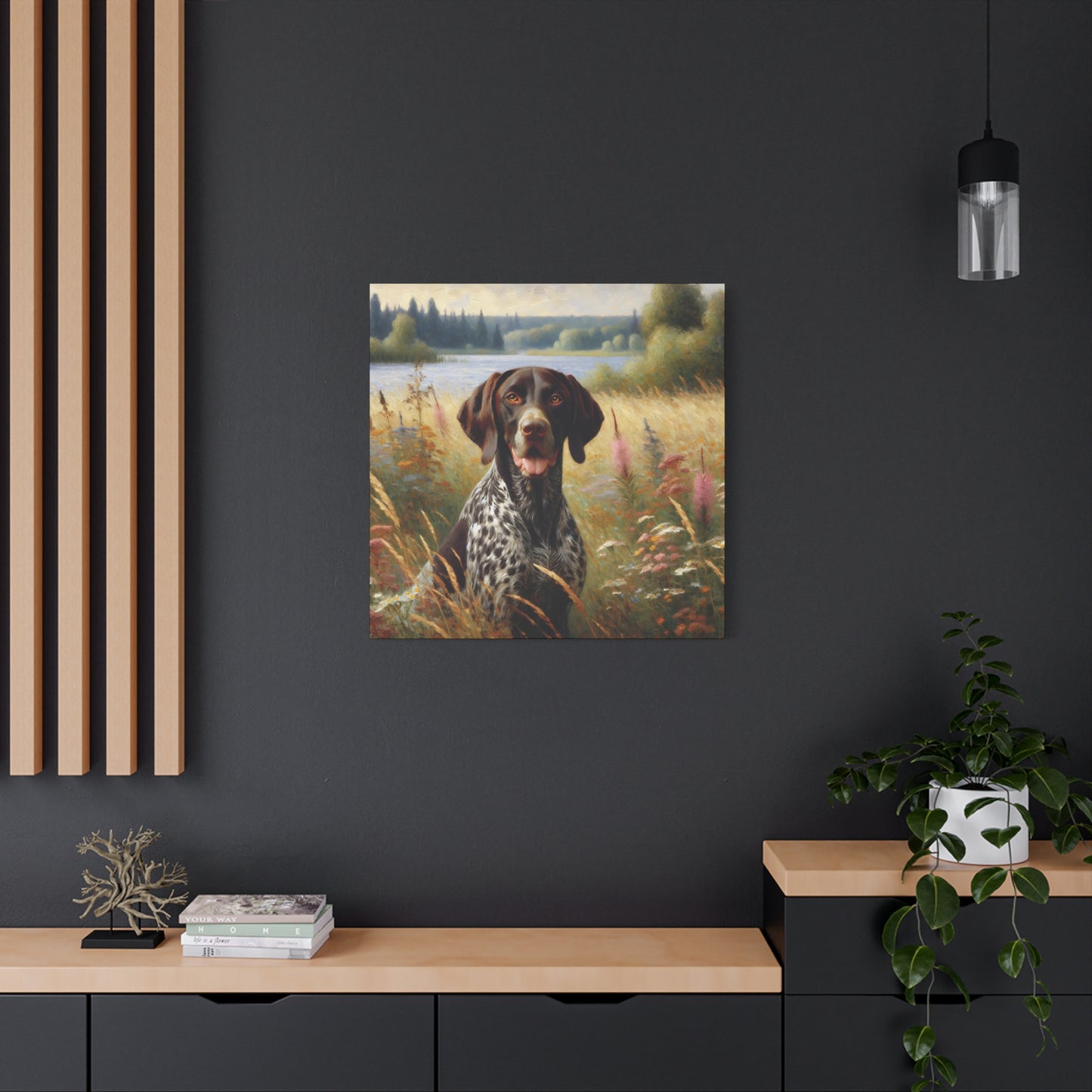 German Shorthaired Pointer by Lake, Canvas Wall Art in Impressionist Style