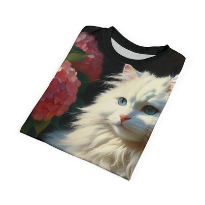 Blue-Eyed White Cat with Pink Hydrangeas Vibrant Art Tee | Colorful Unisex Cut & Sew T-Shirt, Wildlife Apparel, Unique Graphic Tee, Birthday Gift