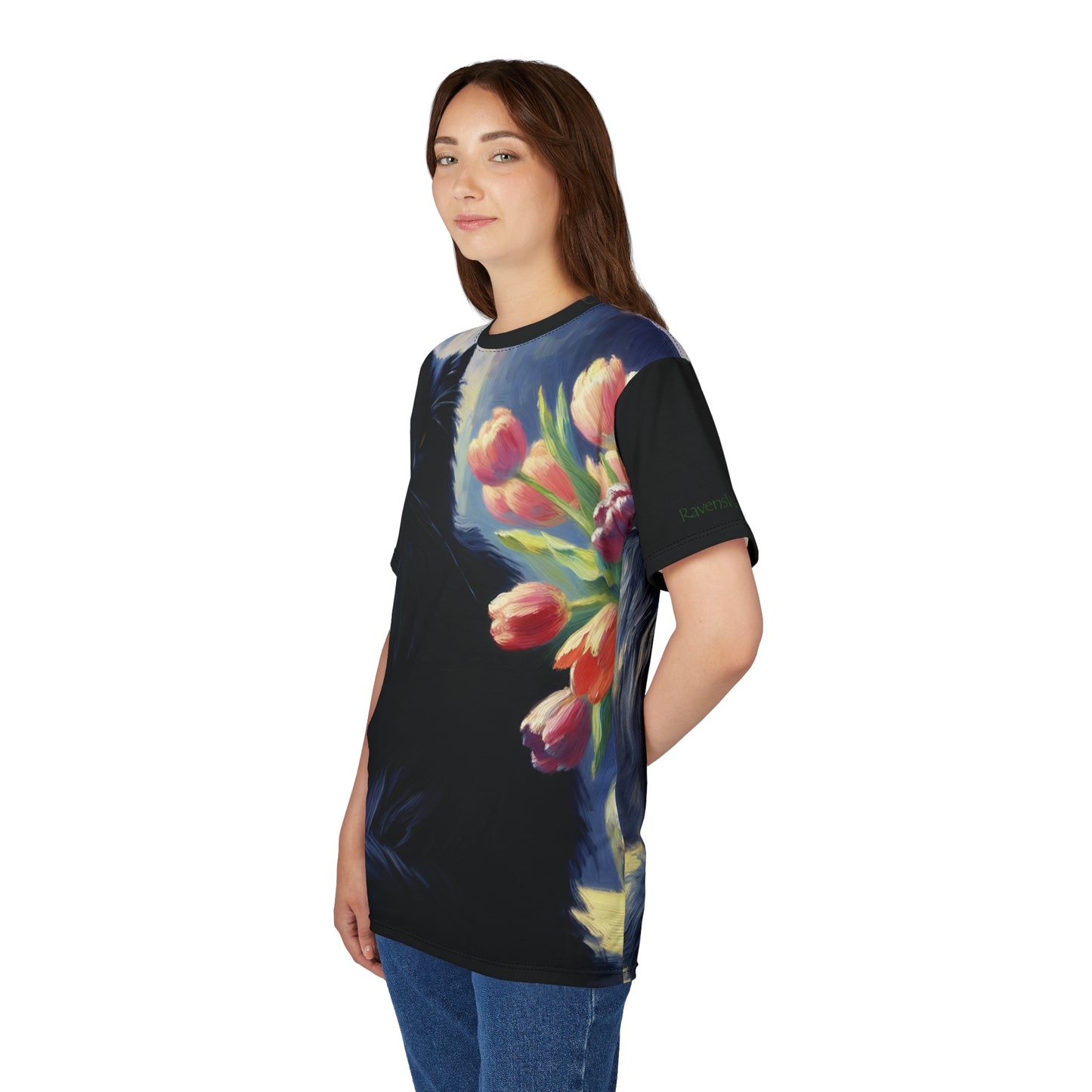 The Artist's Black Cat with Pink Tulips Vibrant Art Tee | Colorful Unisex Cut & Sew T-Shirt, Wildlife Apparel, Unique Graphic Tee, Birthday Gift