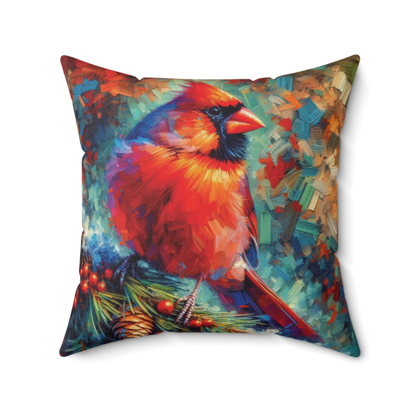 Cardinal with Berries - Square Throw Pillows