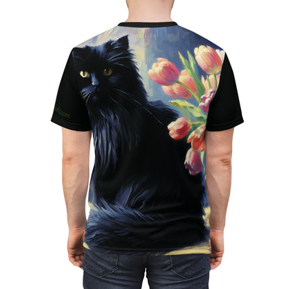 The Artist's Black Cat with Pink Tulips Vibrant Art Tee | Colorful Unisex Cut & Sew T-Shirt, Wildlife Apparel, Unique Graphic Tee, Birthday Gift