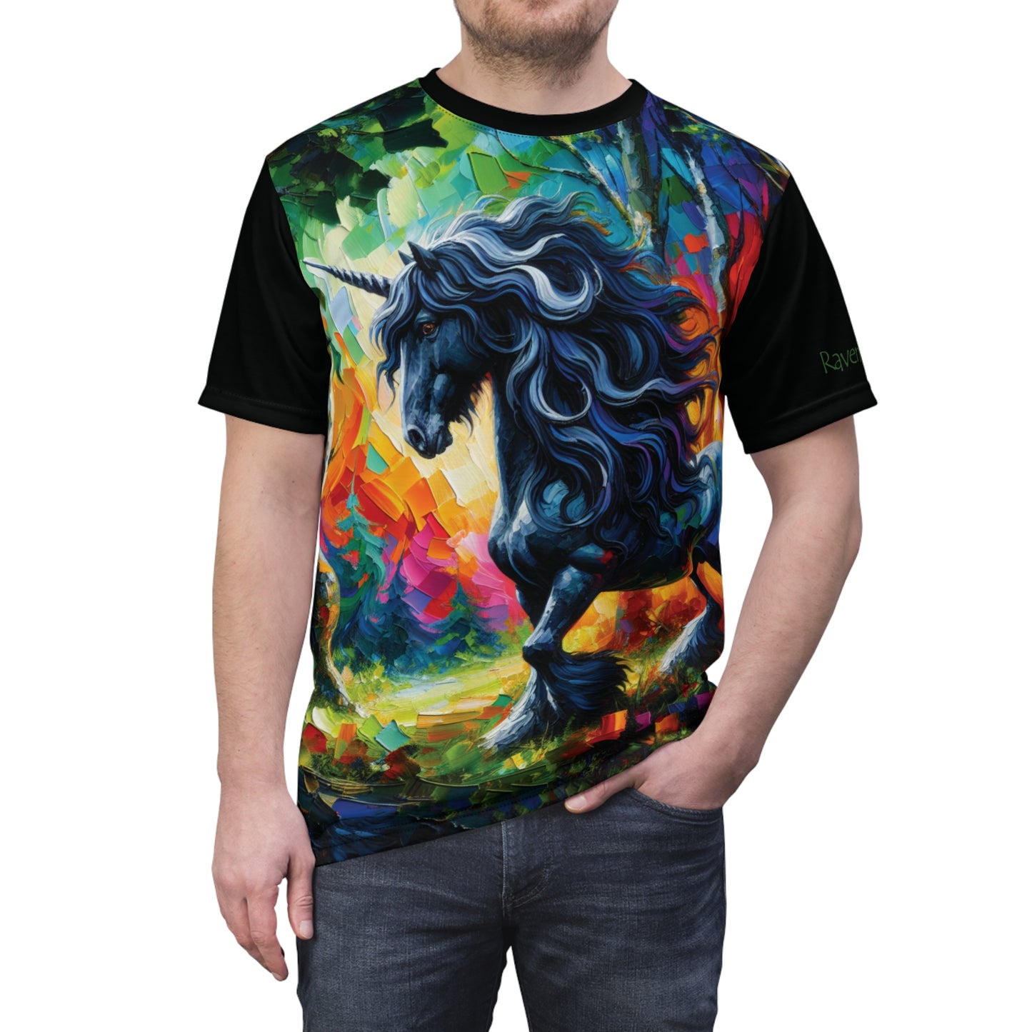 Elegant Black Stallion Unicorn Art Tee | Colorful Unisex Cut & Sew T-Shirt, Wildlife Apparel, Unique Graphic Tee