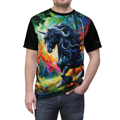 Elegant Black Stallion Unicorn Art Tee | Colorful Unisex Cut & Sew T-Shirt, Wildlife Apparel, Unique Graphic Tee