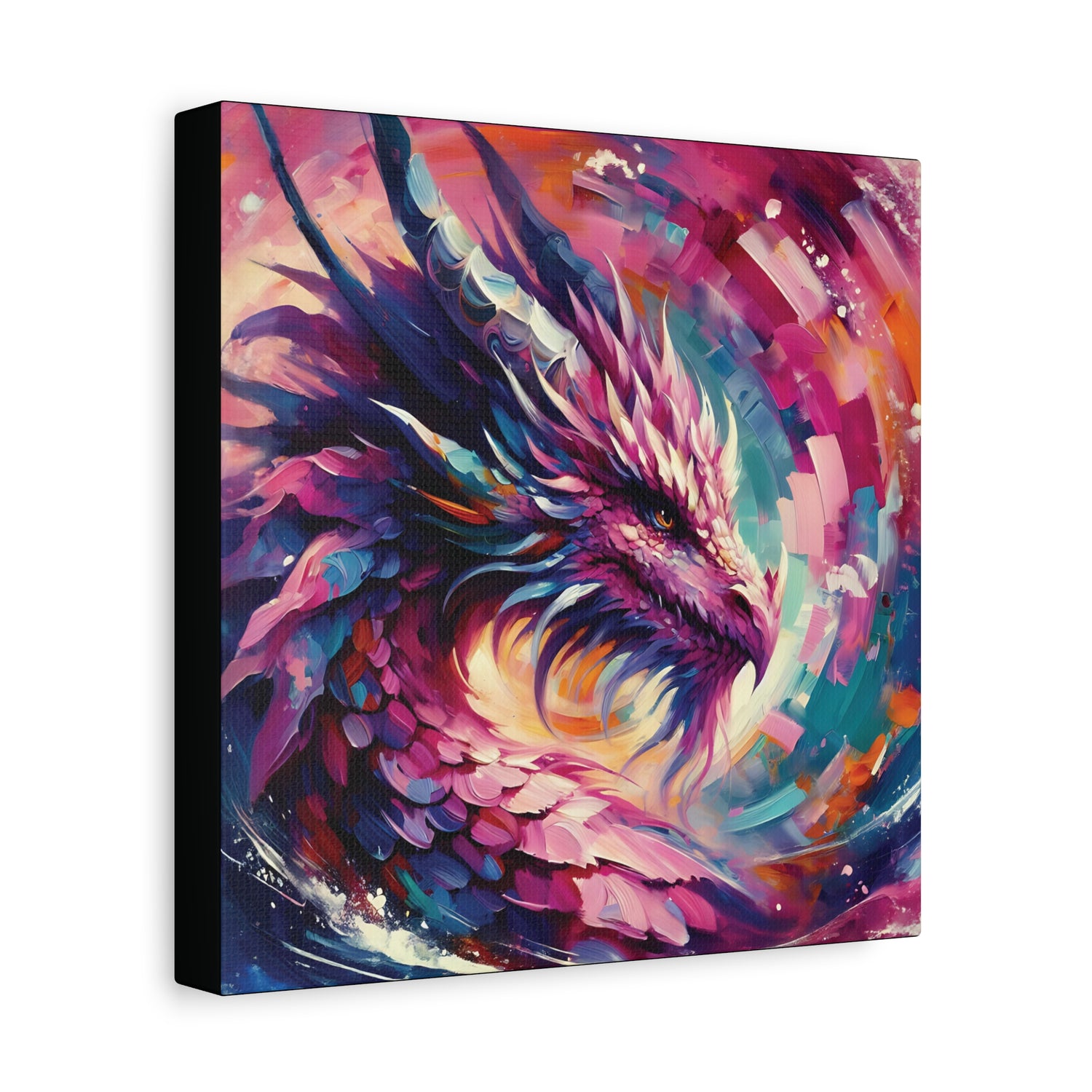 A canvas wall art print of a colorful, abstract dragon in a swirl of pink, purple, and blue hues.