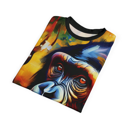 Curious Bonobo Vibrant Art Tee | Colorful Unisex Cut & Sew T-Shirt, Wildlife Apparel, Unique Graphic Tee, Birthday Gift
