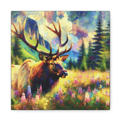 Bull Elk in Mountain Meadow Impressionist Canvas Art Print