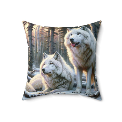 Wolf Pillow - Arctic Wolf Pair Impressionist Art on Square Pillow