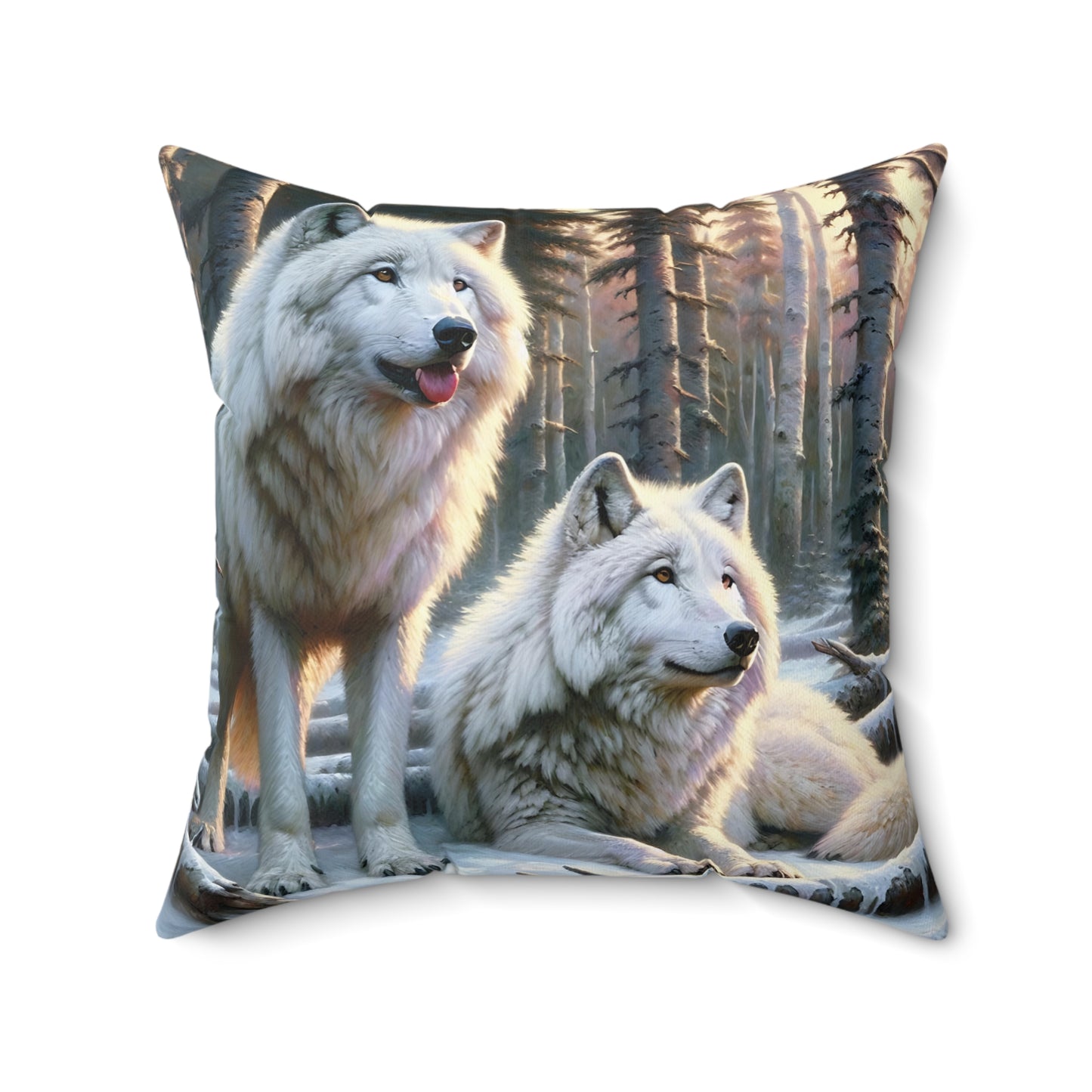 Wolf Pillow - Arctic Wolf Pair Impressionist Art on Square Pillow
