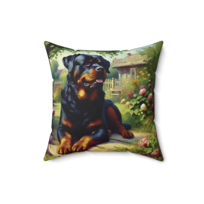 Rottweiler Throw Pillow - Impressionist Style Art - Rottweiler in Garden on Faux Suede Square Pillow