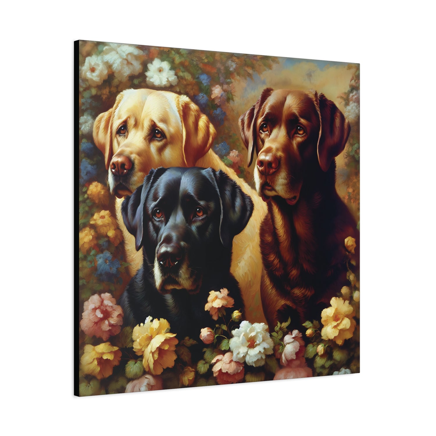 Canvas print of three Labrador Retriever dogs surrounded by flowers