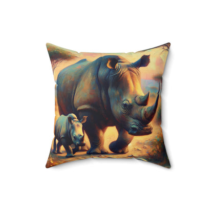 Rhino Throw Pillow - Rhino with Baby Impressionist Style Art on Faux Suede Square Pillow