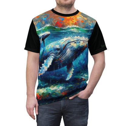 Humpback Whale and Calf Art Tee | Colorful Unisex Cut & Sew T-Shirt, Wildlife Apparel, Unique Graphic Tee