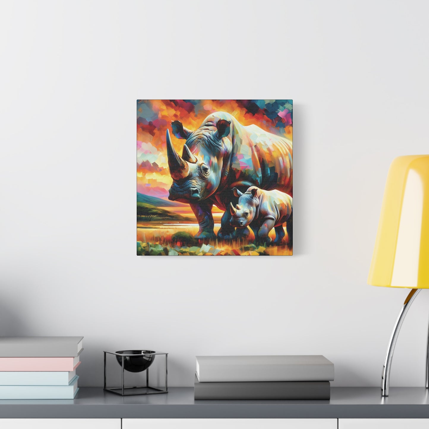 Rhinos at Sunset Expressionist Canvas Art Print