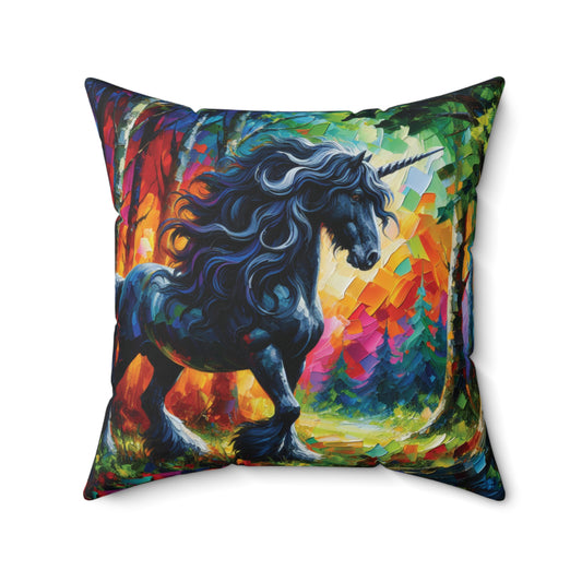 Elegant Black Stallion Unicorn - Square Pillow