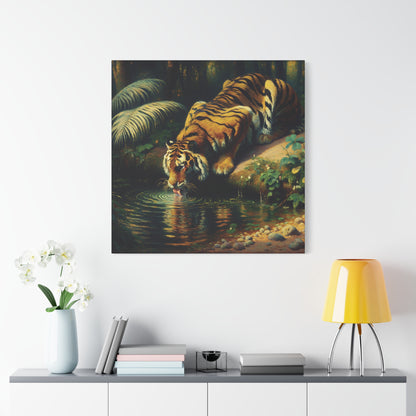 Tiger Drinking Impressionist Canvas Art Print