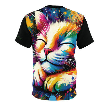 Contented Cat Vibrant Art Tee | Colorful Unisex Cut & Sew T-Shirt, Wildlife Apparel, Unique Graphic Tee, Birthday Gift