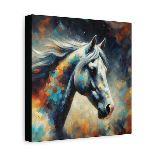 Colorful abstract painting of a dapple grey mare horse on a dark background