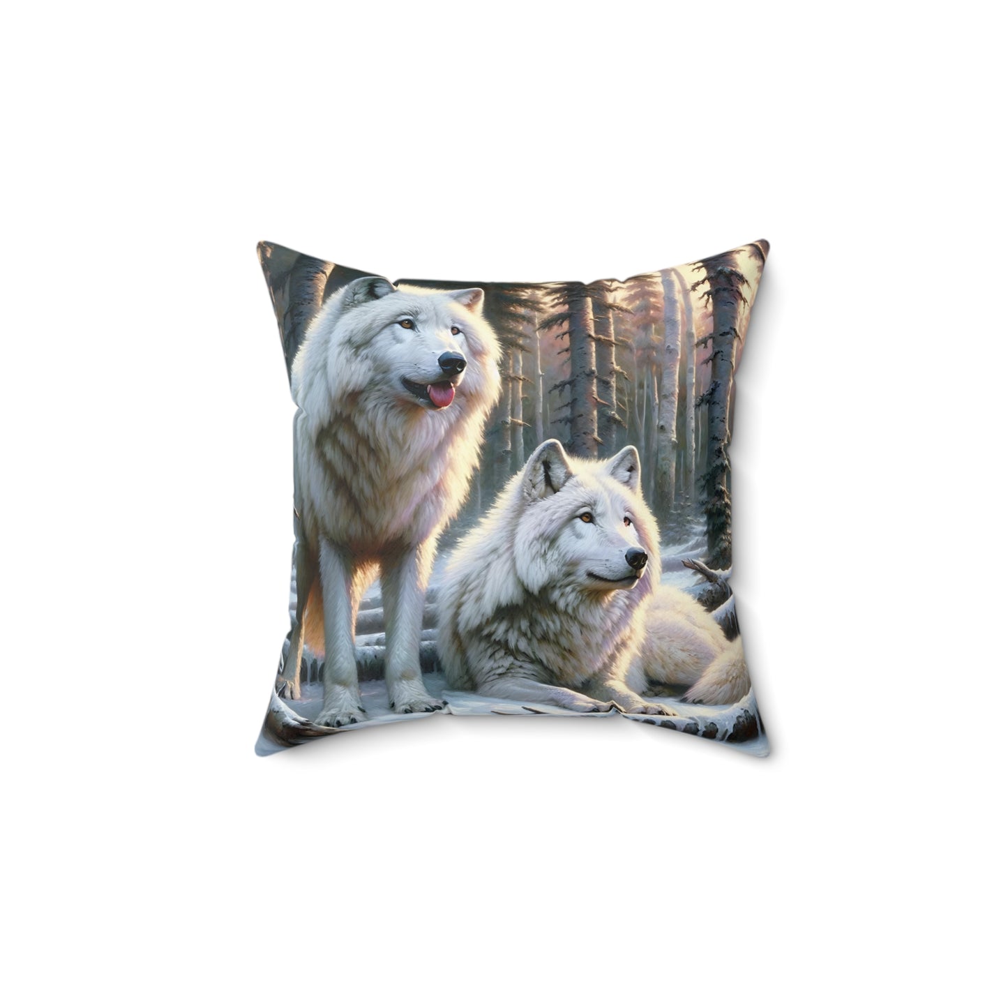 Wolf Pillow - Arctic Wolf Pair Impressionist Art on Square Pillow
