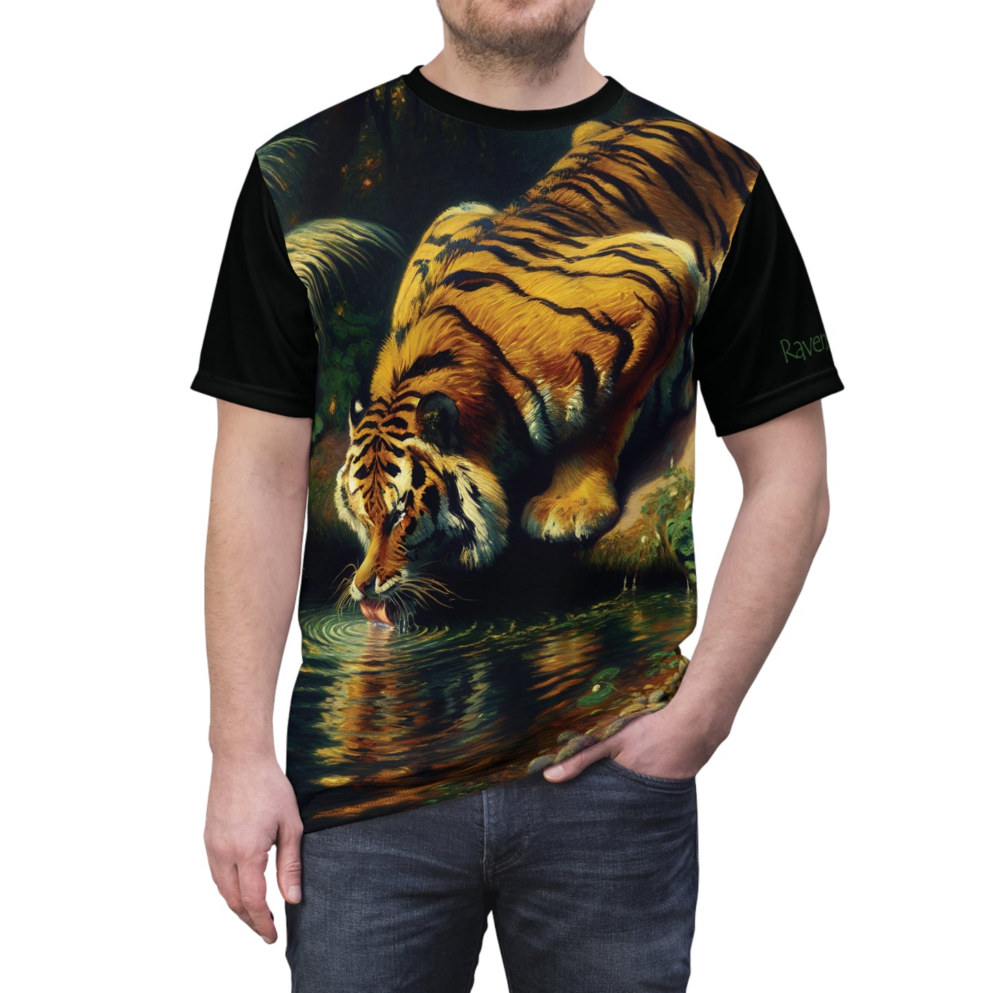 Tiger Drinking Vibrant Art Tee | Colorful Unisex Cut & Sew T-Shirt, Wildlife Apparel, Unique Graphic Tee, Birthday Gift