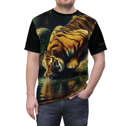 Tiger Drinking Vibrant Art Tee | Colorful Unisex Cut & Sew T-Shirt, Wildlife Apparel, Unique Graphic Tee, Birthday Gift
