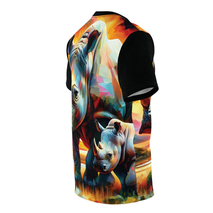 Rhinos at Sunset Art Tee | Colorful Unisex Cut & Sew T-Shirt, Wildlife Apparel, Unique Graphic Tee, Birthday Gift