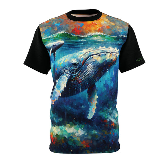 T-shirt with a colorful whale design on a white background