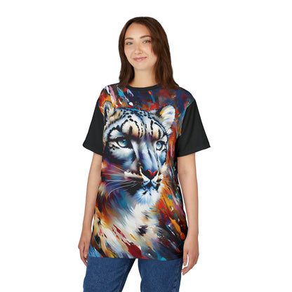 Colorful Snow Leopard Vibrant Art Tee | Colorful Unisex Cut & Sew T-Shirt, Wildlife Apparel, Unique Graphic Tee, Birthday Gift