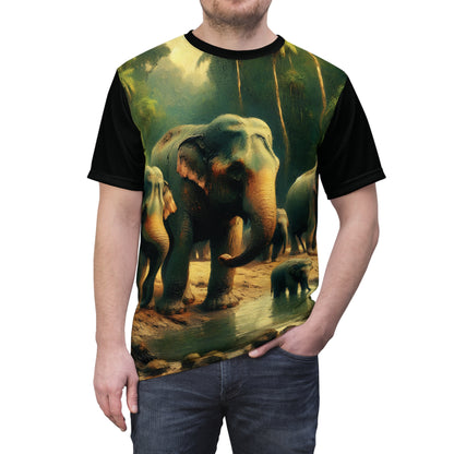 Asiatic Elephant Herd at Watering Hole Vibrant Art Tee | Colorful Unisex Cut & Sew T-Shirt, Wildlife Apparel, Unique Graphic Tee, Birthday Gift