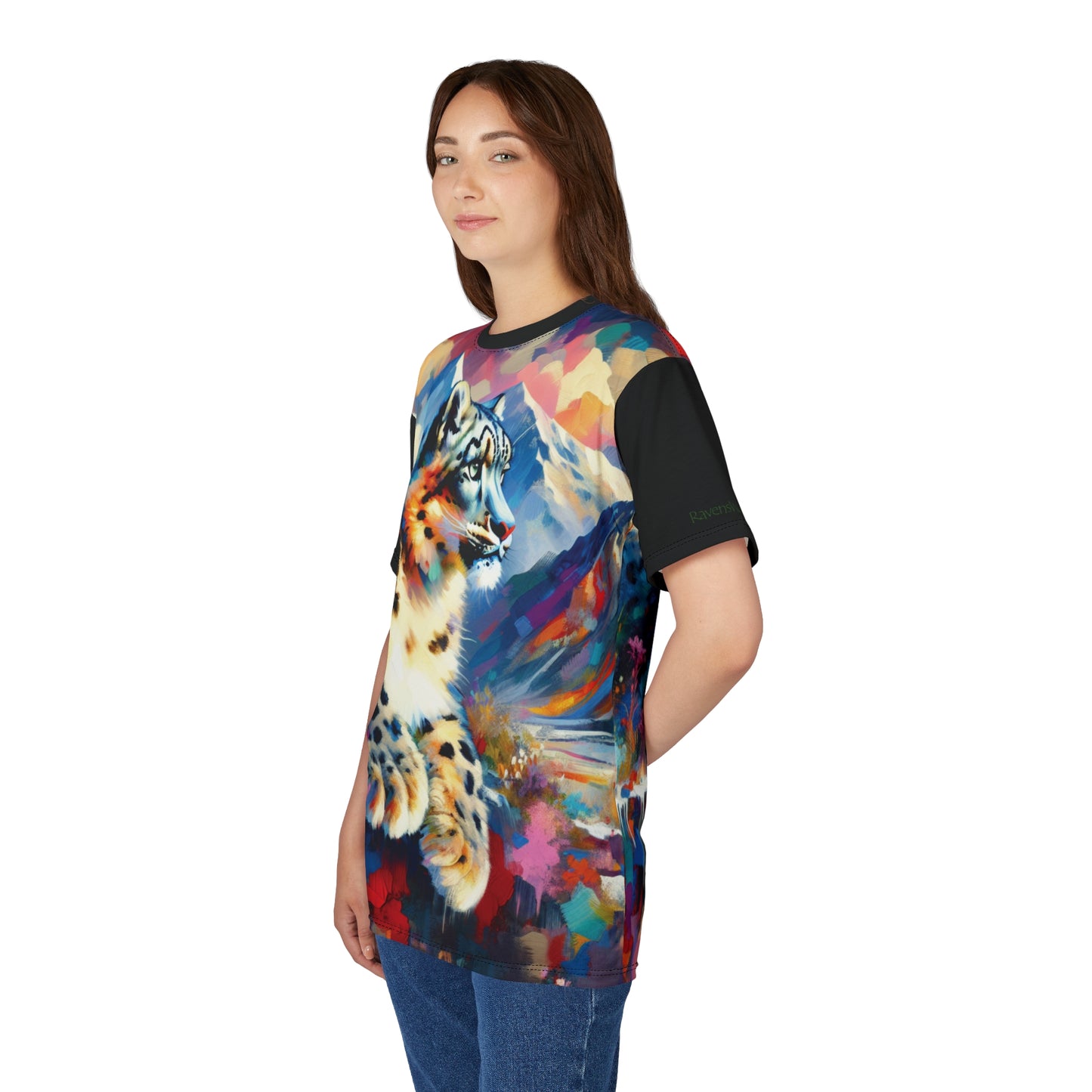 Himalayan Snow Leopard Vibrant Art Tee | Colorful Unisex Cut & Sew T-Shirt, Wildlife Apparel, Unique Graphic Tee, Birthday Gift