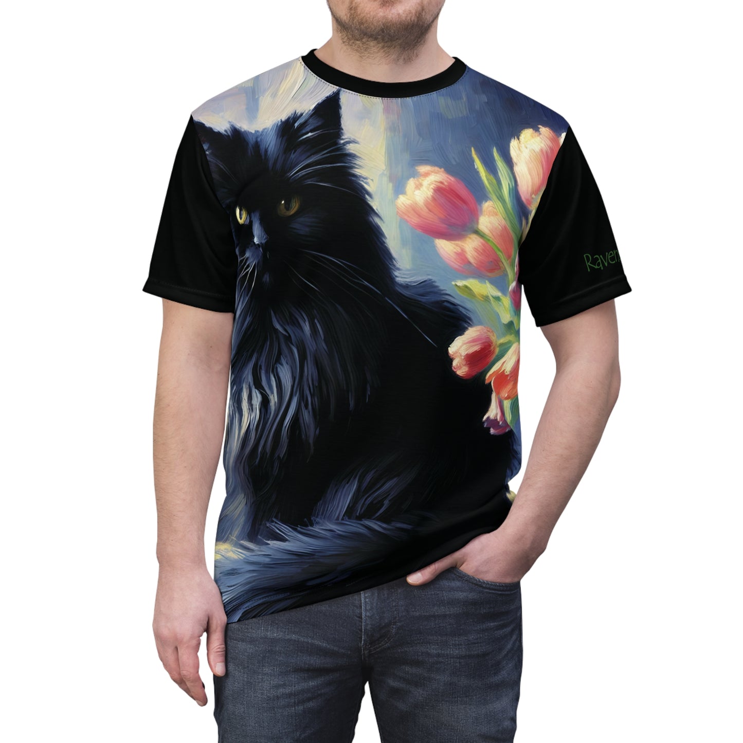 The Artist's Black Cat with Pink Tulips Vibrant Art Tee | Colorful Unisex Cut & Sew T-Shirt, Wildlife Apparel, Unique Graphic Tee, Birthday Gift