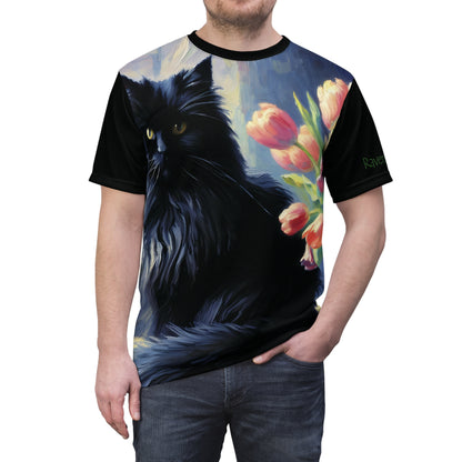 The Artist's Black Cat with Pink Tulips Vibrant Art Tee | Colorful Unisex Cut & Sew T-Shirt, Wildlife Apparel, Unique Graphic Tee, Birthday Gift