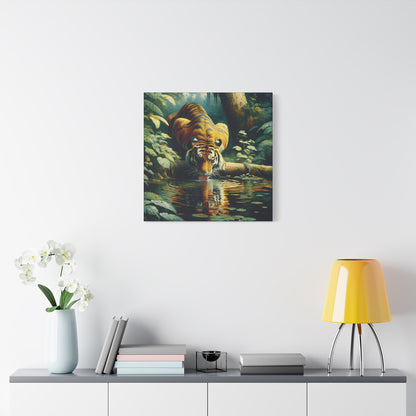 Tiger at Pond Impressionist Canvas Art Print