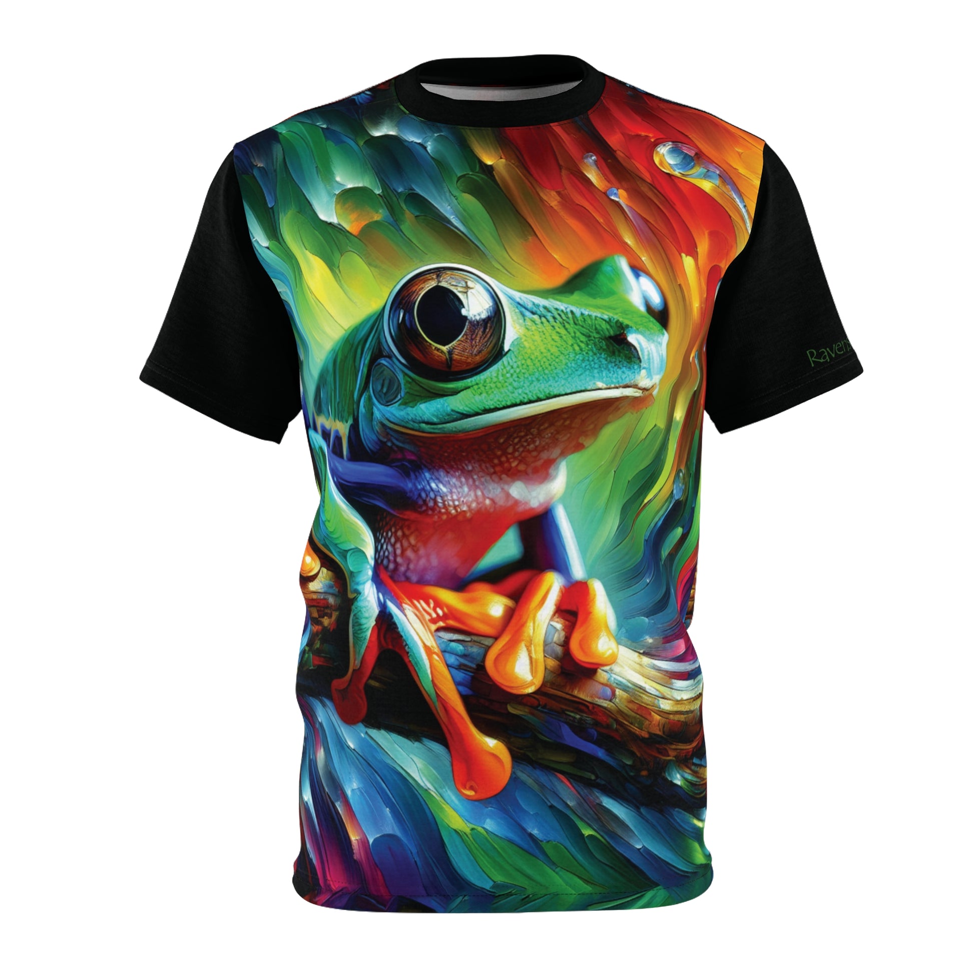 Colorful t-shirt with a frog design on a white background