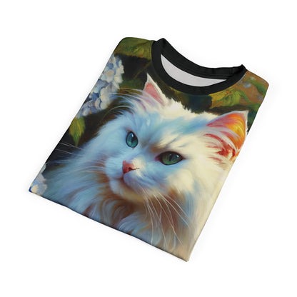White Cat with Hydrangeas Vibrant Art Tee | Colorful Unisex Cut & Sew T-Shirt, Cat Lover Apparel, Unique Graphic Tee, Birthday Gift