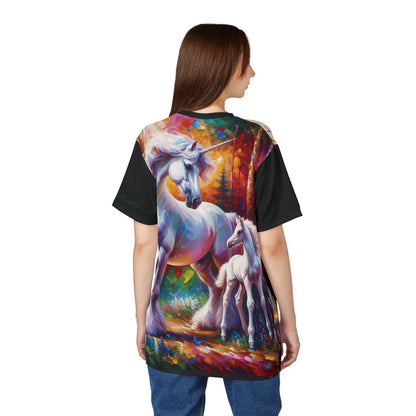 Unicorn Dad Meets Daughter Art Tee | Colorful Unisex Cut & Sew T-Shirt, Wildlife Apparel, Unique Graphic Tee