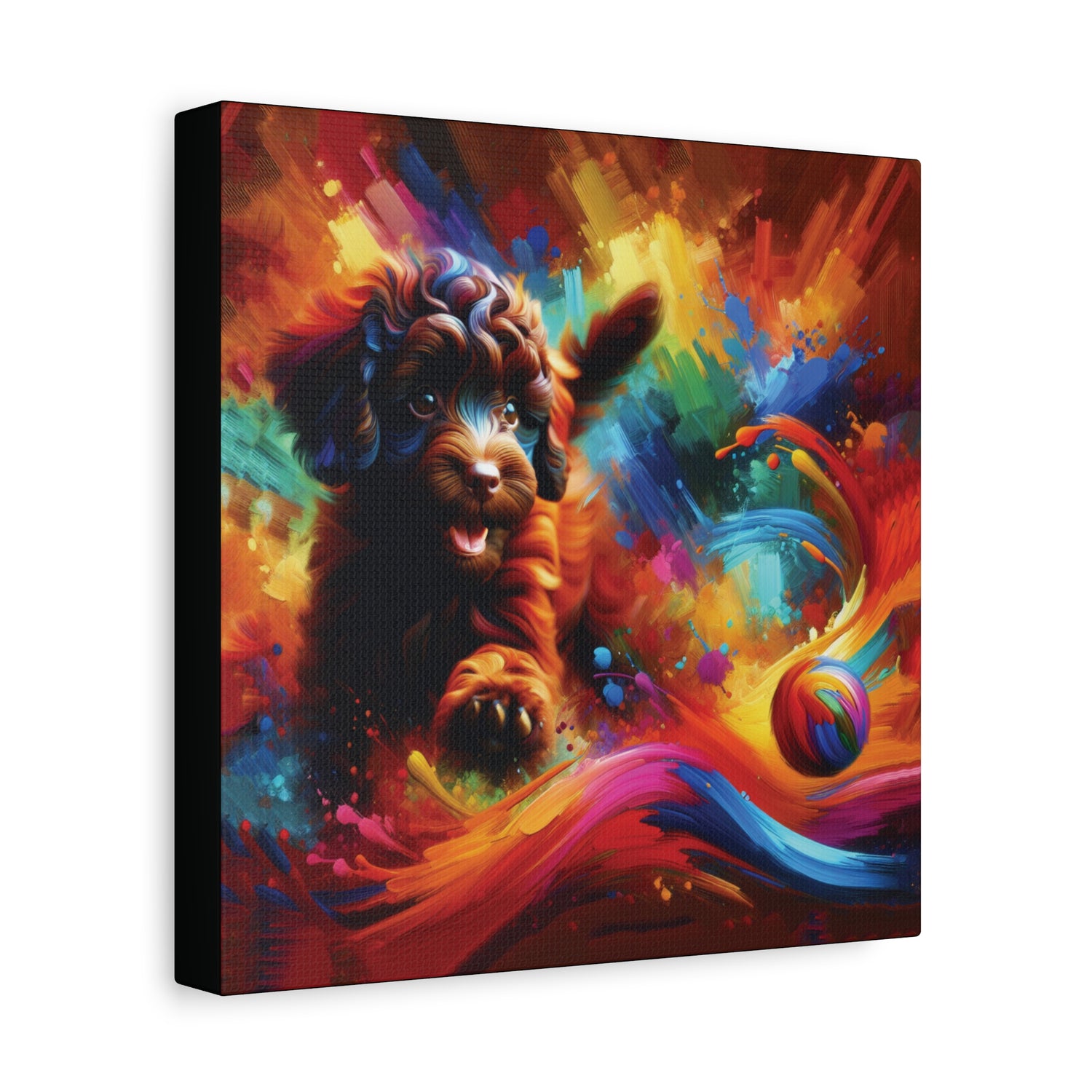 A canvas wall art print of a brown poodle playing with a colorful, abstract background in an impressionist art style.