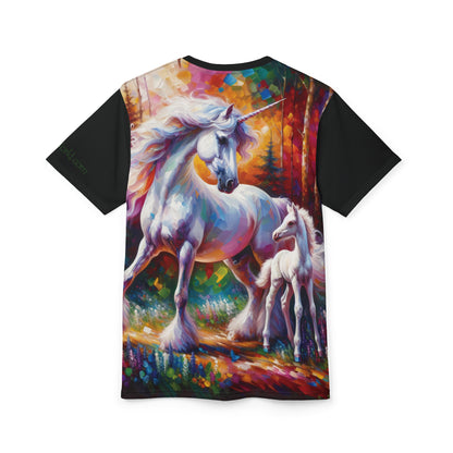 Unicorn Dad Meets Daughter Art Tee | Colorful Unisex Cut & Sew T-Shirt, Wildlife Apparel, Unique Graphic Tee