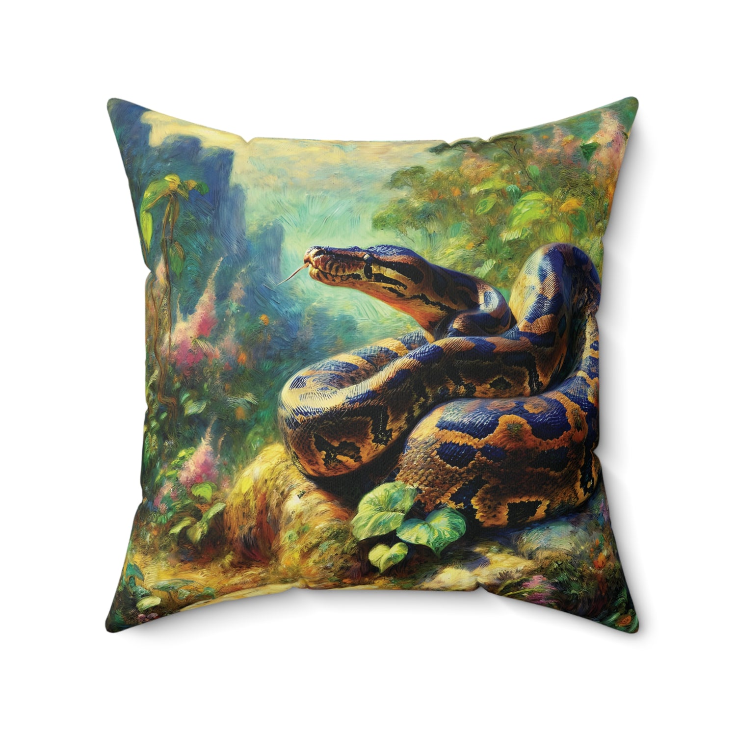 Decorative pillow with a reticulated python snake in a forest design