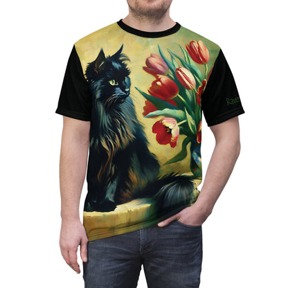 The Artist's Black Cat with Red Tulips Vibrant Art Tee | Colorful Unisex Cut & Sew T-Shirt, Wildlife Apparel, Unique Graphic Tee, Birthday Gift