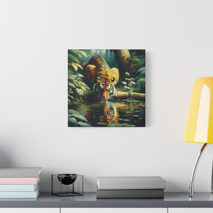 Tiger at Pond Impressionist Canvas Art Print