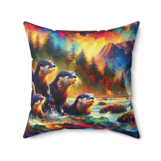 River Otters at Sunset - Square Pillow