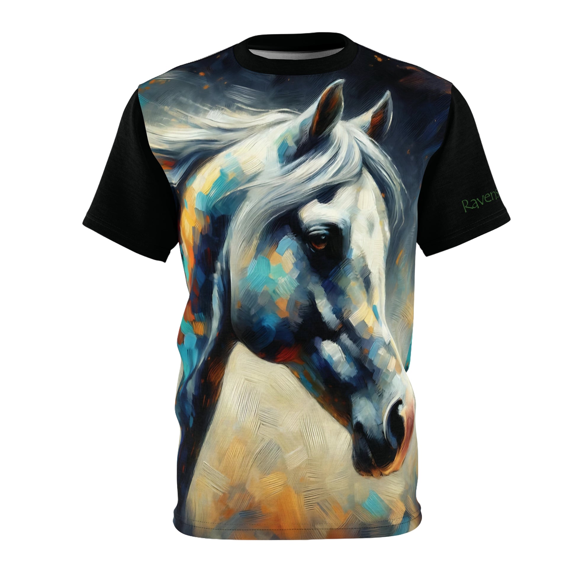 T-shirt with a colorful horse design on a white background