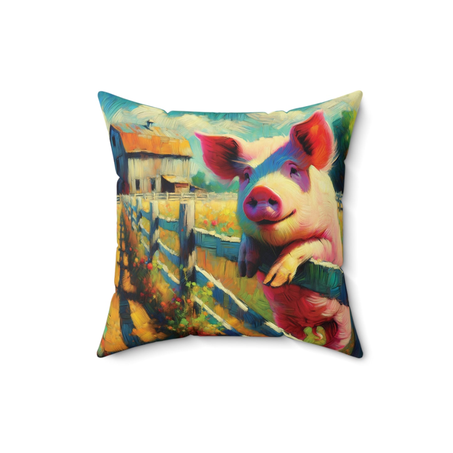 Pig Throw Pillow - Impressionist Style Art - Pig at Fence on Faux Suede Square Pillow
