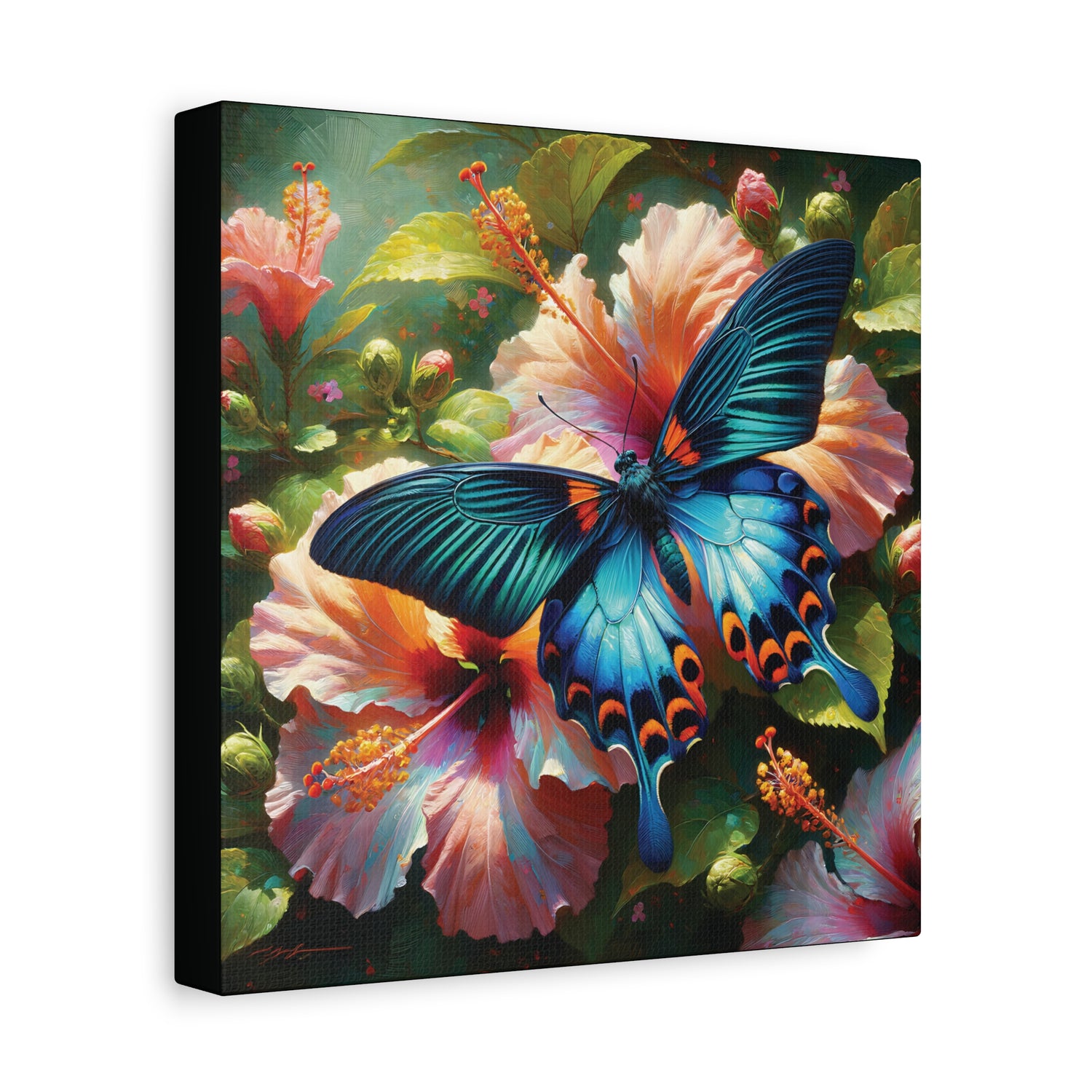 Canvas print of a blue butterfly on pink flowers with green leaves.