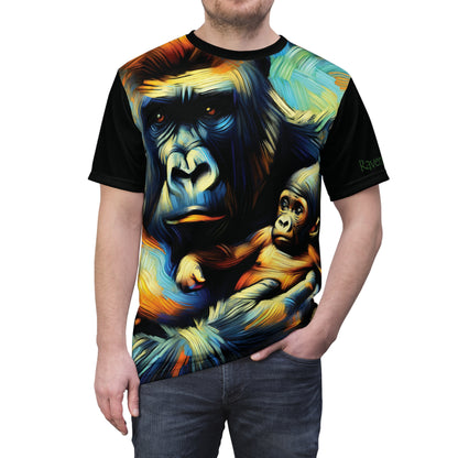Gorilla Holding Baby Art Tee | Colorful Unisex Cut & Sew T-Shirt, Wildlife Apparel, Unique Graphic Tee, Birthday Gift