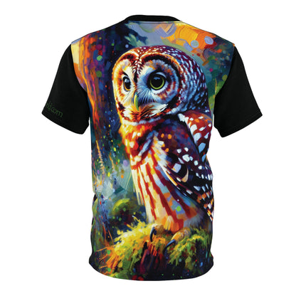 Barred Owl at Sunset Vibrant Art Tee | Colorful Unisex Cut & Sew T-Shirt, Wildlife Apparel, Unique Graphic Tee, Birthday Gift
