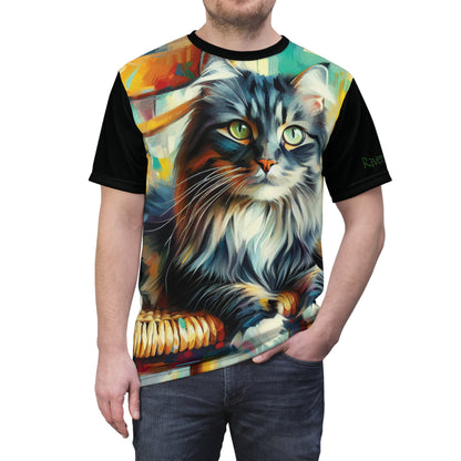 Longhaired Cat on Wooden Chair Vibrant Art Tee | Colorful Unisex Cut & Sew T-Shirt, Wildlife Apparel, Unique Graphic Tee, Birthday Gift